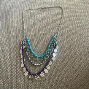 Three strand multi layered blue tone, beaded necklace